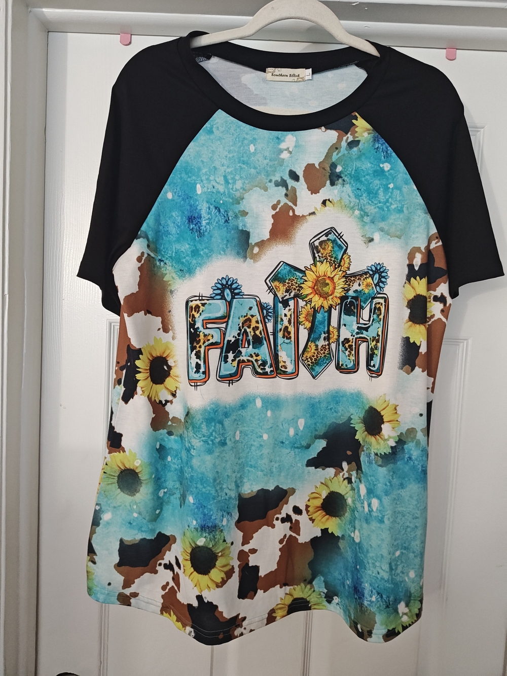 Faith Graphic Raglan Tee - Black and Turquoise Sunflower Print